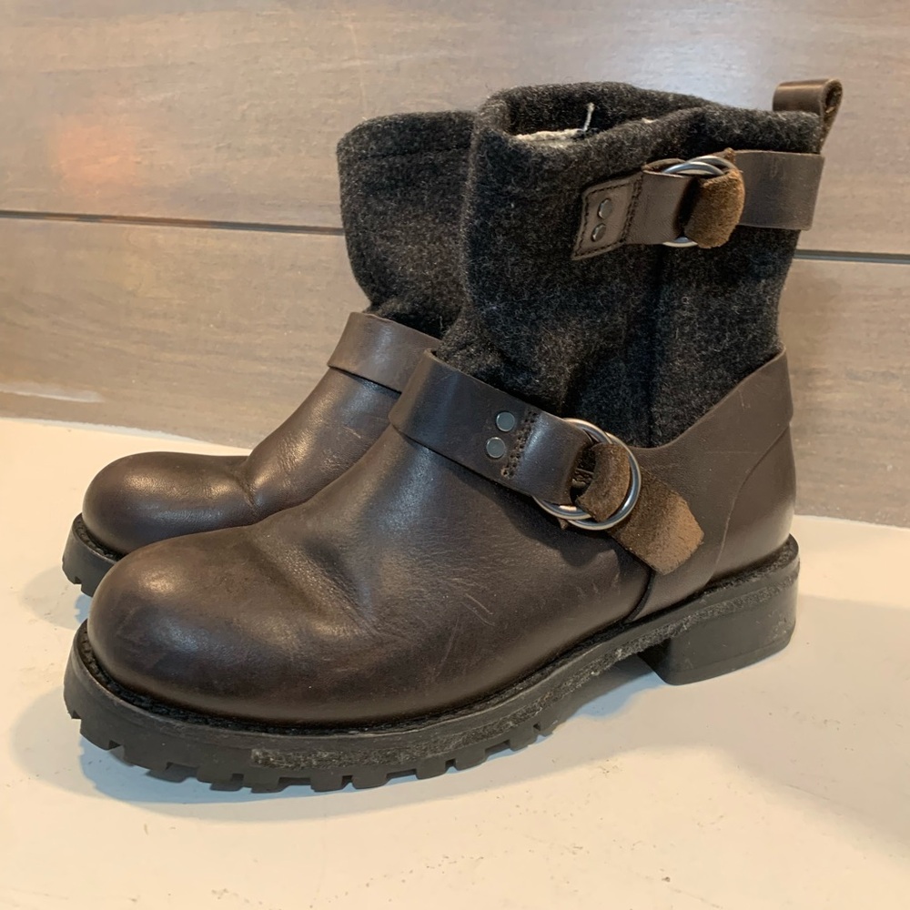 Woolrich Baltimore Womens Engineer Boot Brown Leather Gray Wool Harness Buckle 6